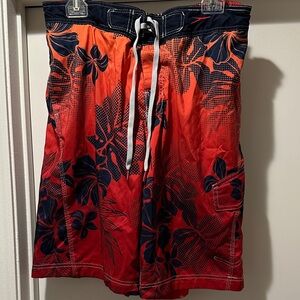 Men's Speedo Red and Orange Swim Trunks with Navy Accents